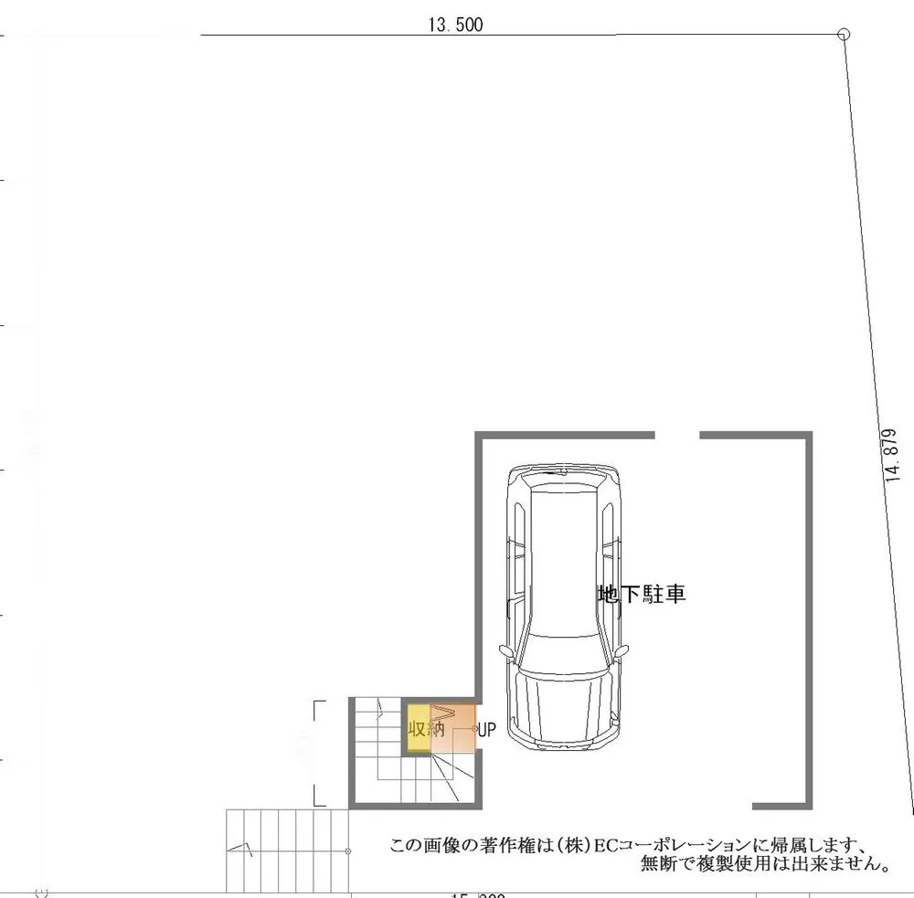 建物プラン例（間取り図）<br>地下１階・地上２階建て建物プラン例 BF 駐車場（建物価格２７００万面積１８０．７４m2）
