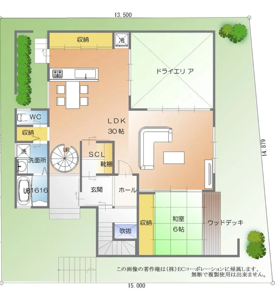 建物プラン例（間取り図）<br>建物プラン例 １F間取り （建物価格２７００万面積１８０．７４m2）